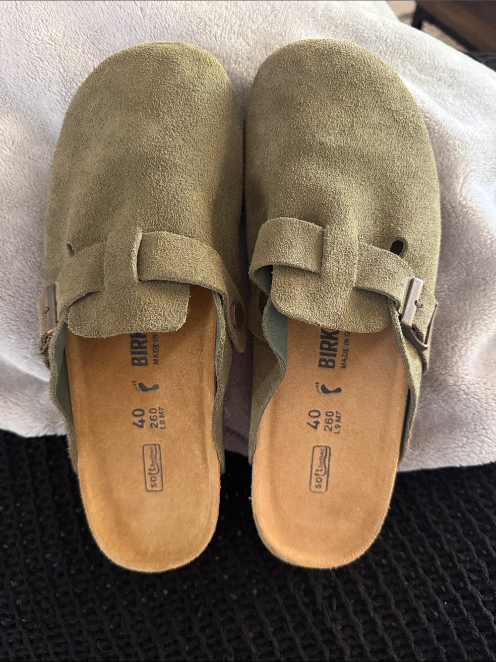 Birkenstock Olive Suede Boston Clogs with Adjustable Buckle